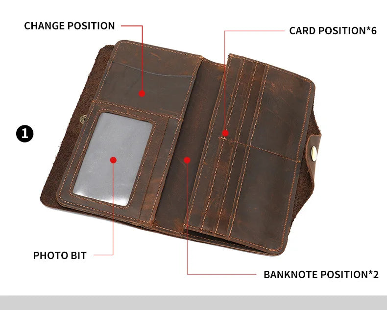 Men's Crazy Horse Leather Long Wallet Brown Real leather Trifold clutch snap purse Hasp purse with Phone pocket and coin pocket