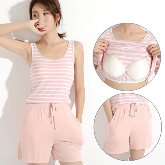 Summer Styles Sleepwear Set New Sleeveless Shorts Sexy Pajama Set Cute Women's Home Wear Striped Pyjamas With Chest Pad