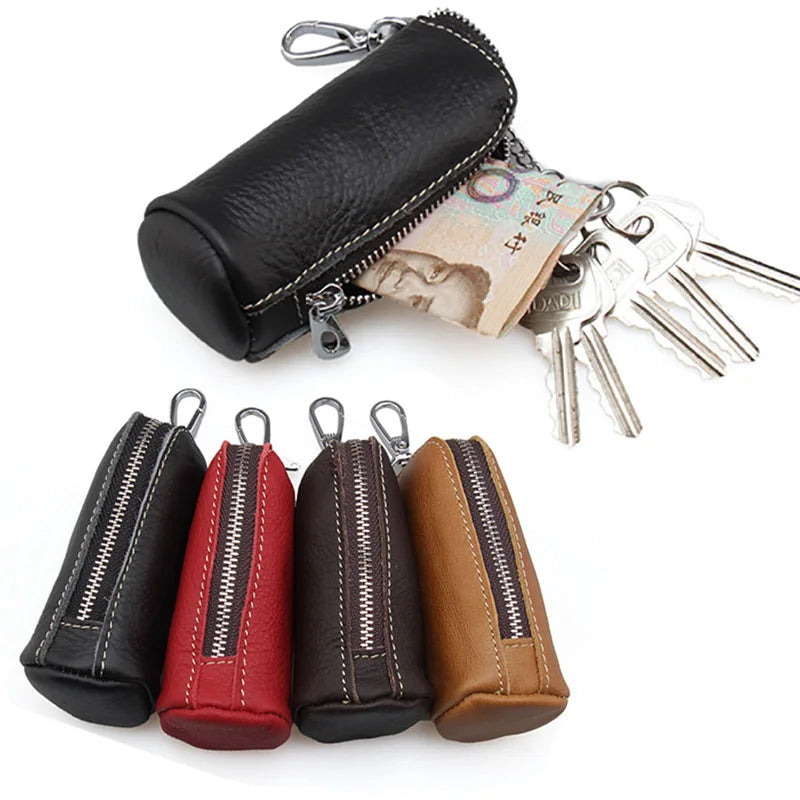 Soft  Genuine Cow Leather Housekeeper Small Round Columnar Key Holder Car Key Wallet Coin Pouch Purse key bag