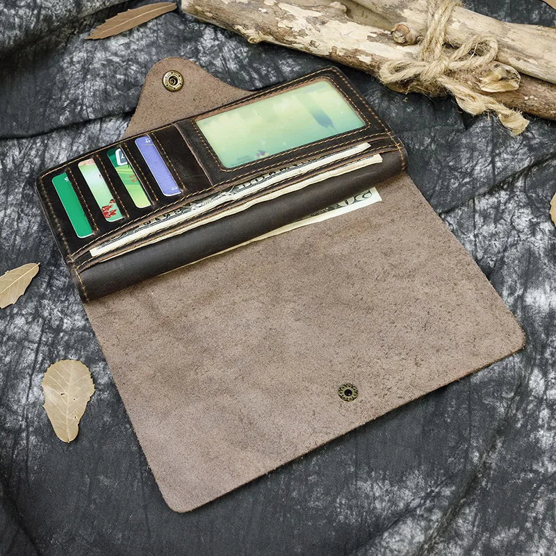 Men's Crazy Horse Leather Long Wallet Brown Real leather Trifold clutch snap purse Hasp purse with Phone pocket and coin pocket