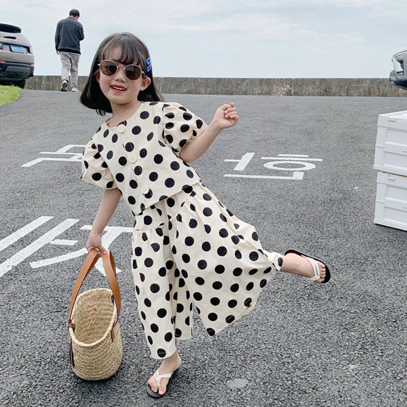 Summer Girls' Clothing Sets Fashion Single-breasted Polka Dot Girls' Shirt Top+Culottes Baby Kids Clothes Suit Children Clothing