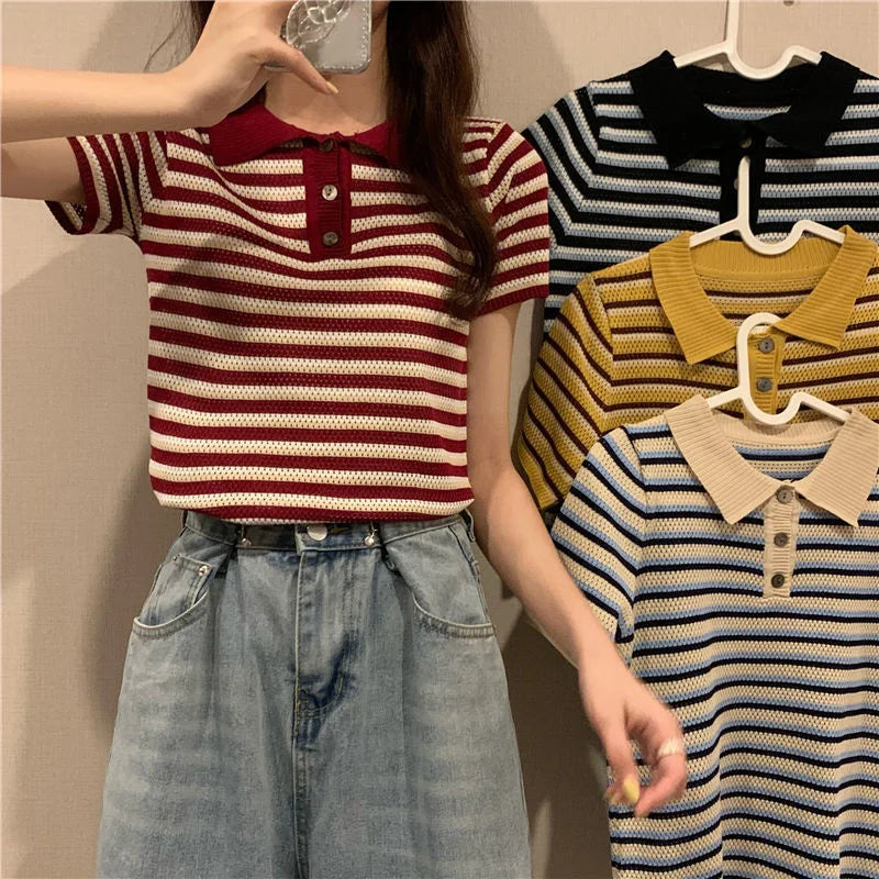 Woman TShirts Top Summer Women's 2021 Striped Knitted Short-Sleeved  Crop Top Mujer Camisetas