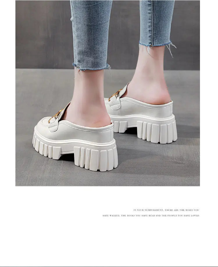 Leather Closed Toe Half Slippers Women Summer 2023 New Fashion Thick Bottom Internet Celebrity Lazy Sandals Shoes Women