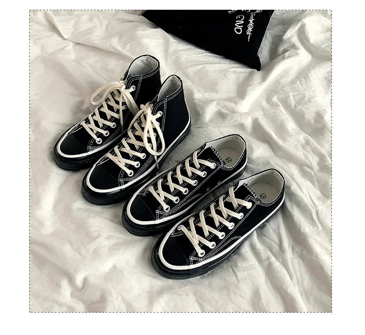 Classic Solid Black Unisex Canvas Shoes  New Spring High-top Outdoor Casual Sneakers Comfortable Breathable Footwear 35-44