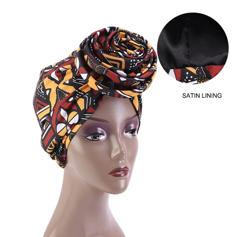 African Print Stretch Bandana Head Wrap Long Scarf Satin Floral Ankara Dashiki Women Party Turban Headwear Cap Hair Accessories