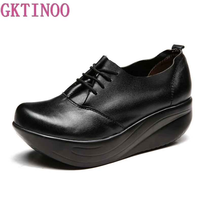 GKTINOO New Women's Genuine Leather Platform Shoes Wedges Black Lady Casual Shoes Swing Lace Up High Heels Shoe Plus Size 34-43