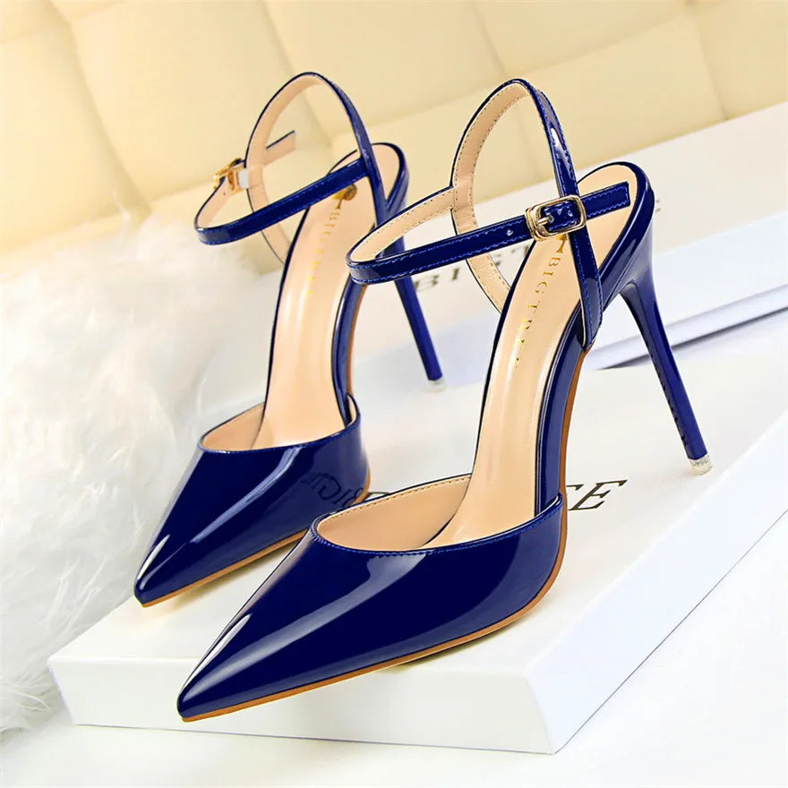 11 Colors Fashion Patent Leather Shallow Women Sandals 2025 Summer Pointy Toe Ankle Buckle High Heels Female Wedding Shoes Party