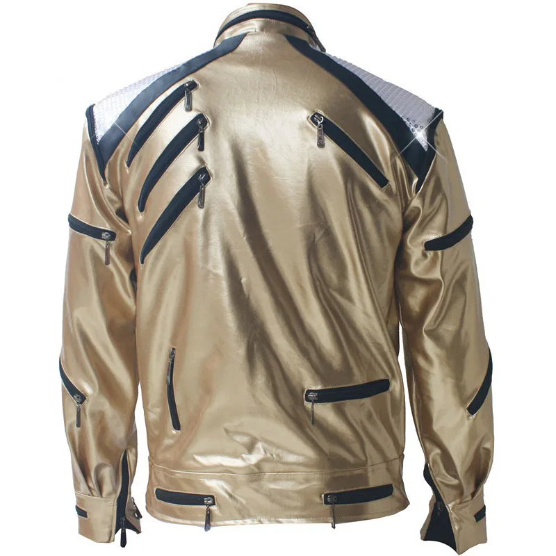 Rare PUNK Rock Motorcycle Classic MJ MICHAEL JACKSON Costumes Beat It Golden ZipperJacket