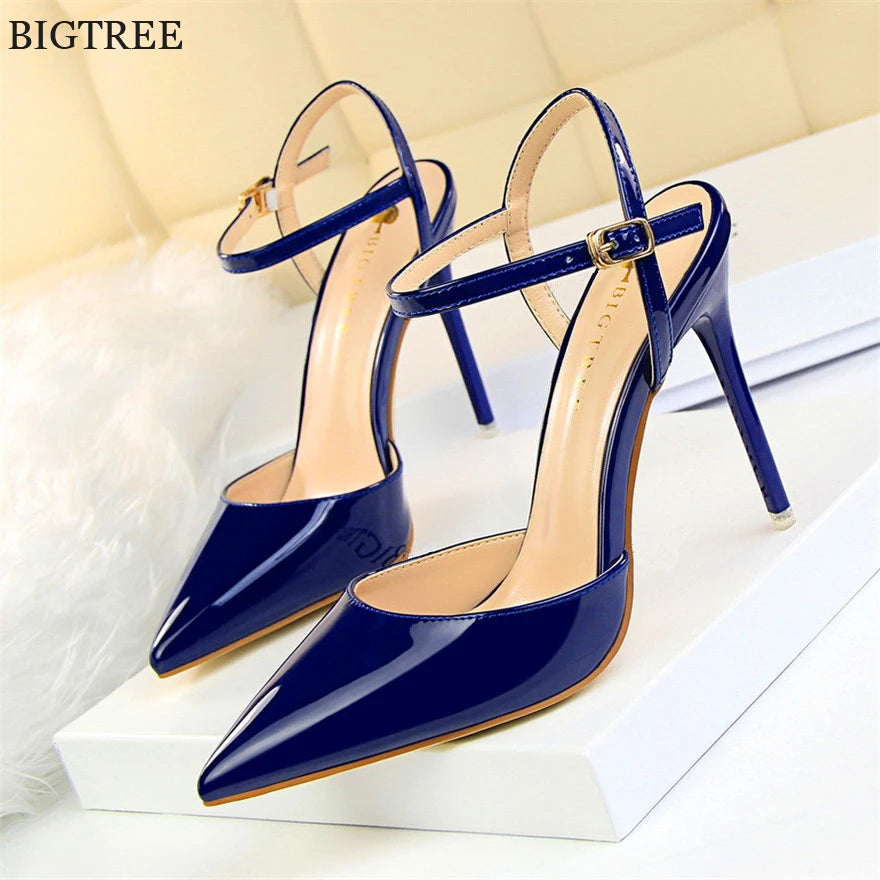 11 Colors Fashion Patent Leather Shallow Women Sandals 2025 Summer Pointy Toe Ankle Buckle High Heels Female Wedding Shoes Party