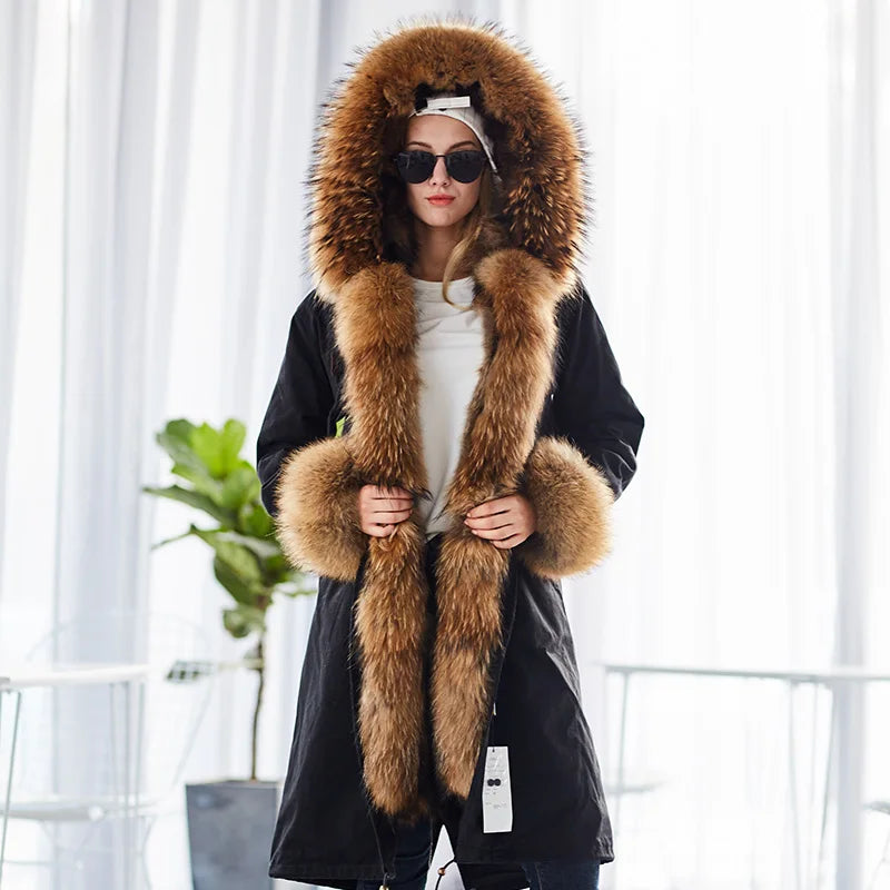 Maomaokong Winter Woman Natural Fur Overcoat Plus Size Black Parkas Raccoon Real Fur Lining Extra Larg Warm Jacket Coats Long
