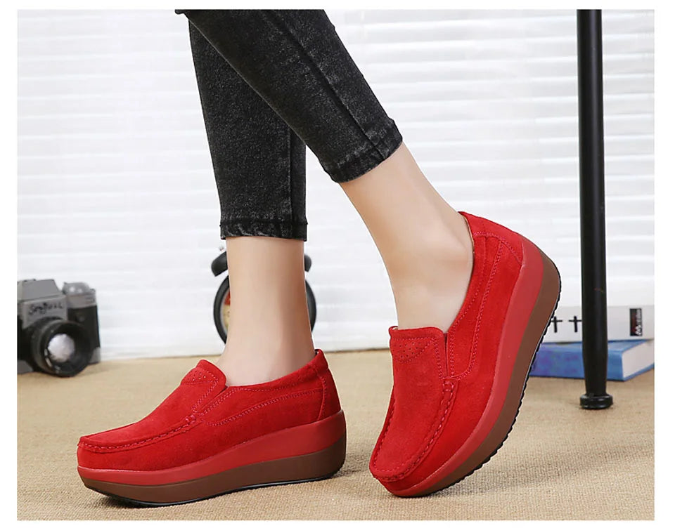Women's Spring Autumn Genuine Leather Loafers - Fall Slip-On Round Toe Navy Platform Casual Flat Shoes