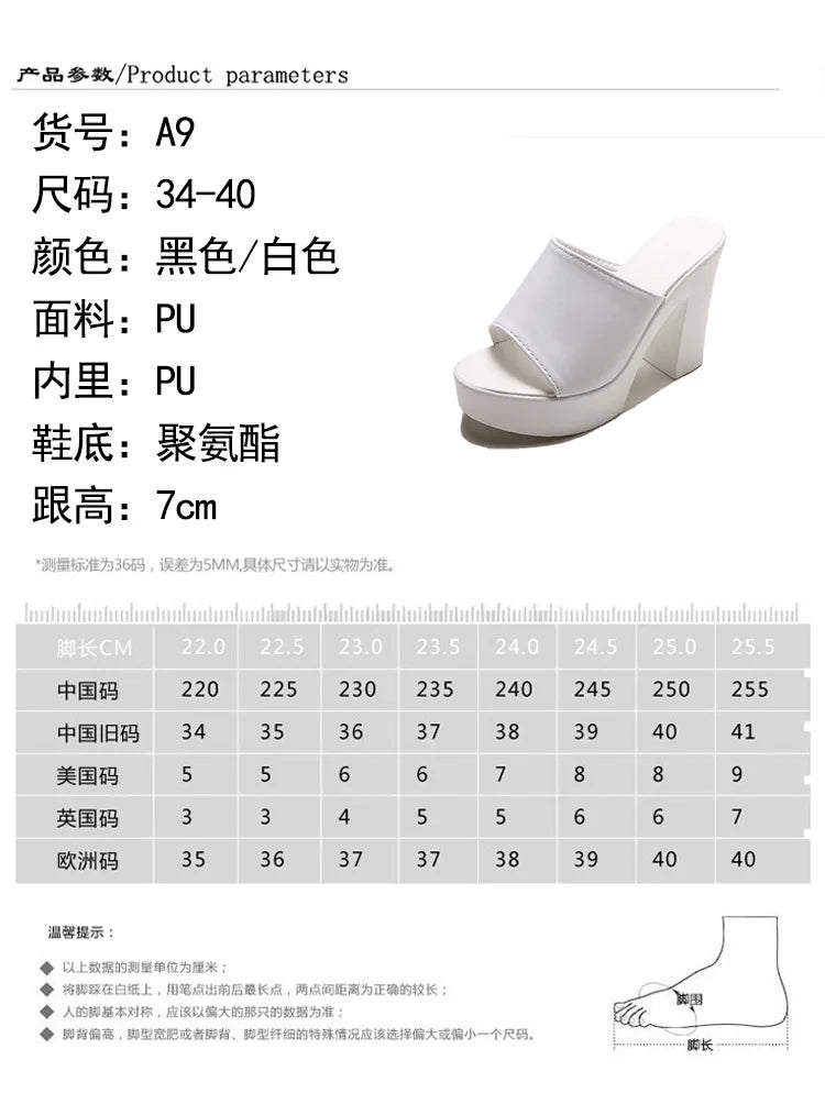 Outdoor White/black square high heels slides mules lady platform peep toe slippers thick bottom shoes brief women summer sandals