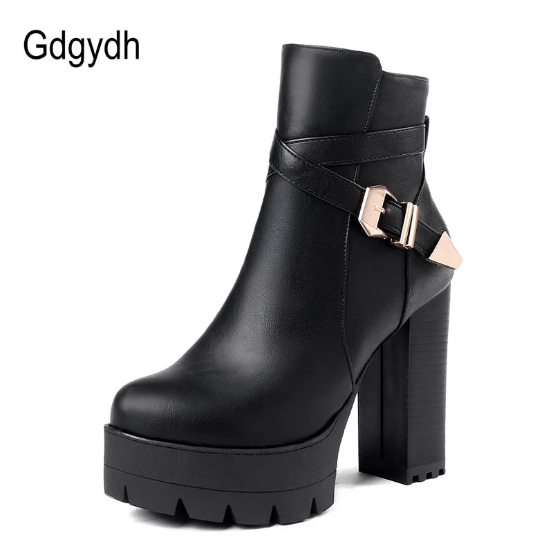 Gdgydh Sping Autumn Platform Ankle Boots Woman Black Leather Shoes Female High Heels Boots Ladies Shoes For Party Big Size 43