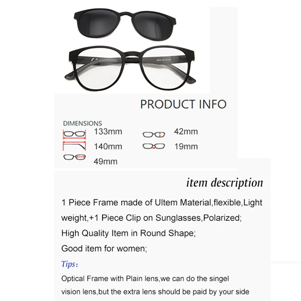 ESNBIE Ultem Polarized Clip On Sunglasses Magnetic Frame Glasses Women Retro Round Eyeglass Spectacle Men oculos feminino BAZAARHUBO