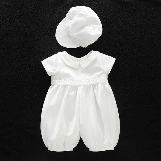 baby boy clothes white baptism baby romper set with hat turndown collar newborn first boy birthday clothing 3-24M