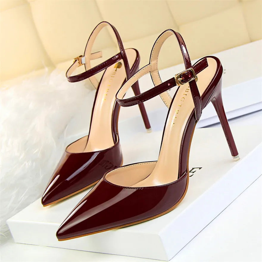 11 Colors Fashion Patent Leather Shallow Women Sandals 2025 Summer Pointy Toe Ankle Buckle High Heels Female Wedding Shoes Party