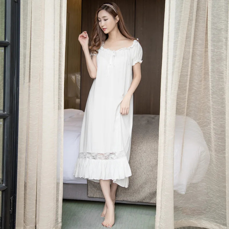 Night Dress Sexy Nightwear Women Nightgowns Cotton White Long White Nightgown Lace Casual Home Dress Sleepwear Pijama Nightdress