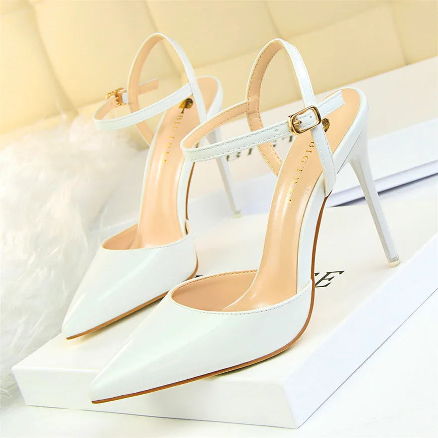 11 Colors Fashion Patent Leather Shallow Women Sandals 2025 Summer Pointy Toe Ankle Buckle High Heels Female Wedding Shoes Party