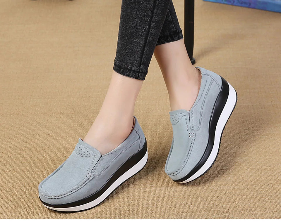 Women's Spring Autumn Genuine Leather Loafers - Fall Slip-On Round Toe Navy Platform Casual Flat Shoes