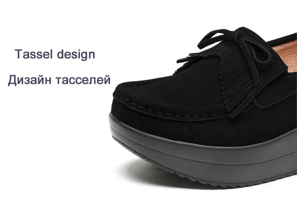 Women's Spring Autumn Genuine Leather Loafers - Fall Slip-On Round Toe Navy Platform Casual Flat Shoes