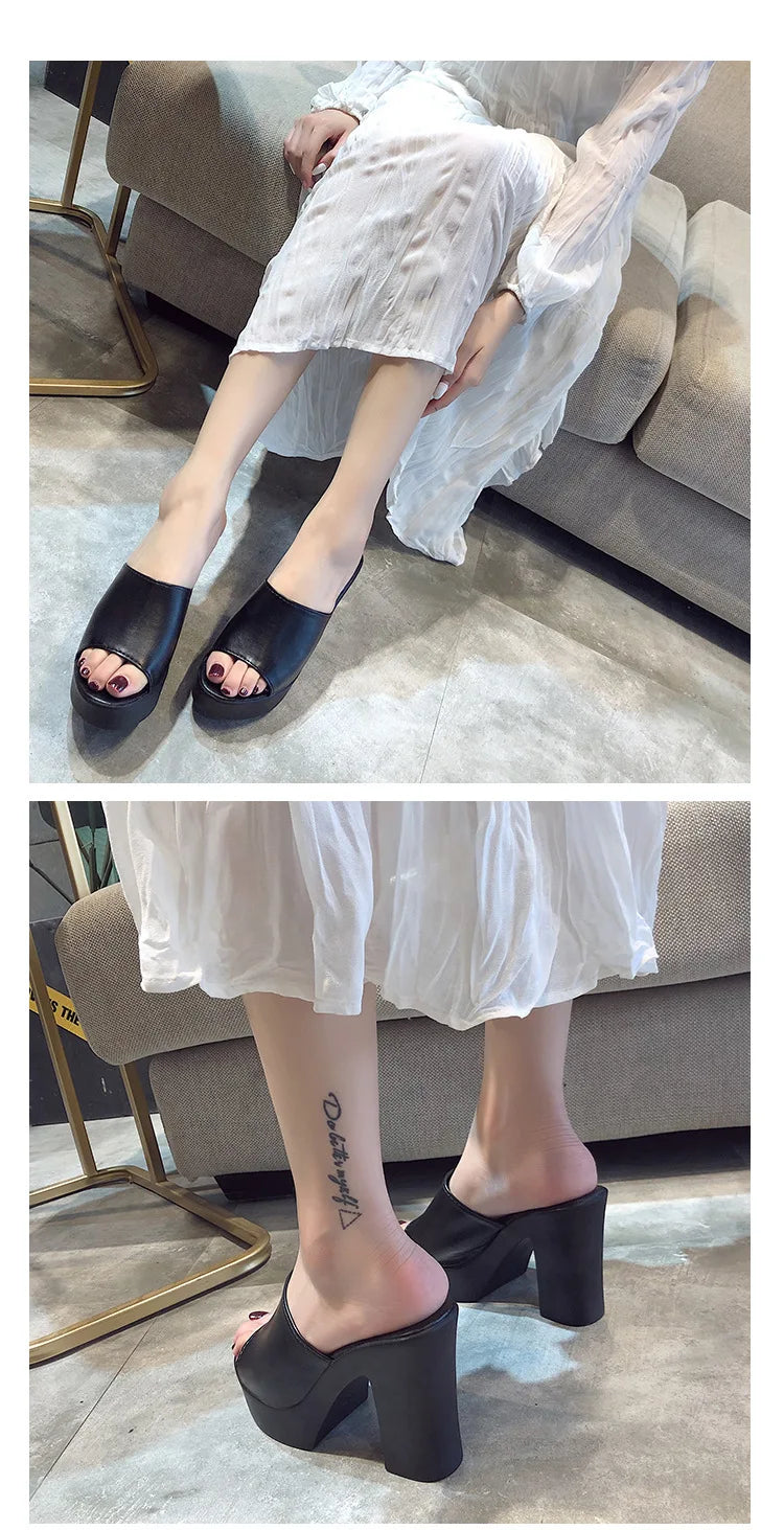 Outdoor White/black square high heels slides mules lady platform peep toe slippers thick bottom shoes brief women summer sandals