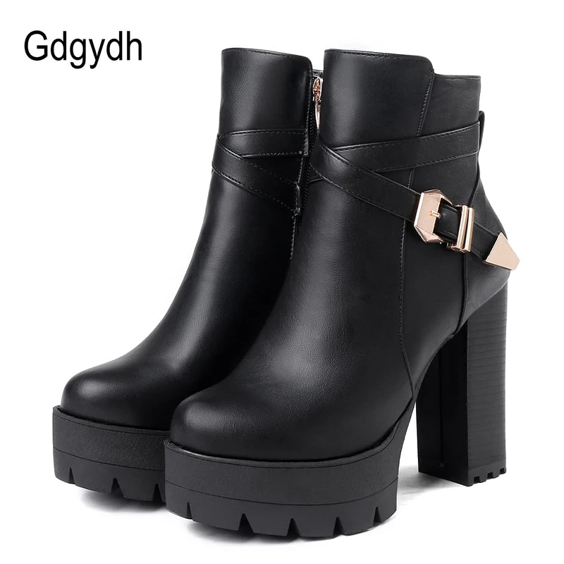 Gdgydh Sping Autumn Platform Ankle Boots Woman Black Leather Shoes Female High Heels Boots Ladies Shoes For Party Big Size 43