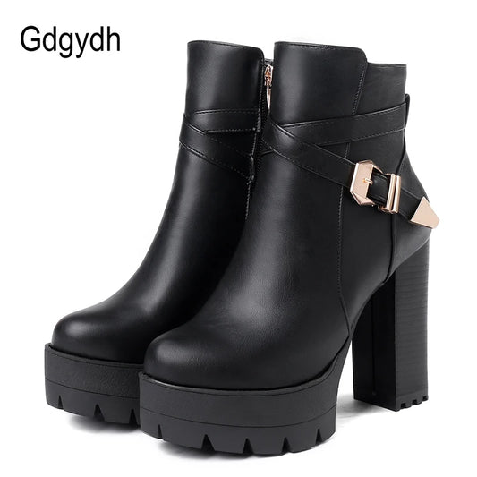 Gdgydh Sping Autumn Platform Ankle Boots Woman Black Leather Shoes Female High Heels Boots Ladies Shoes For Party Big Size 43