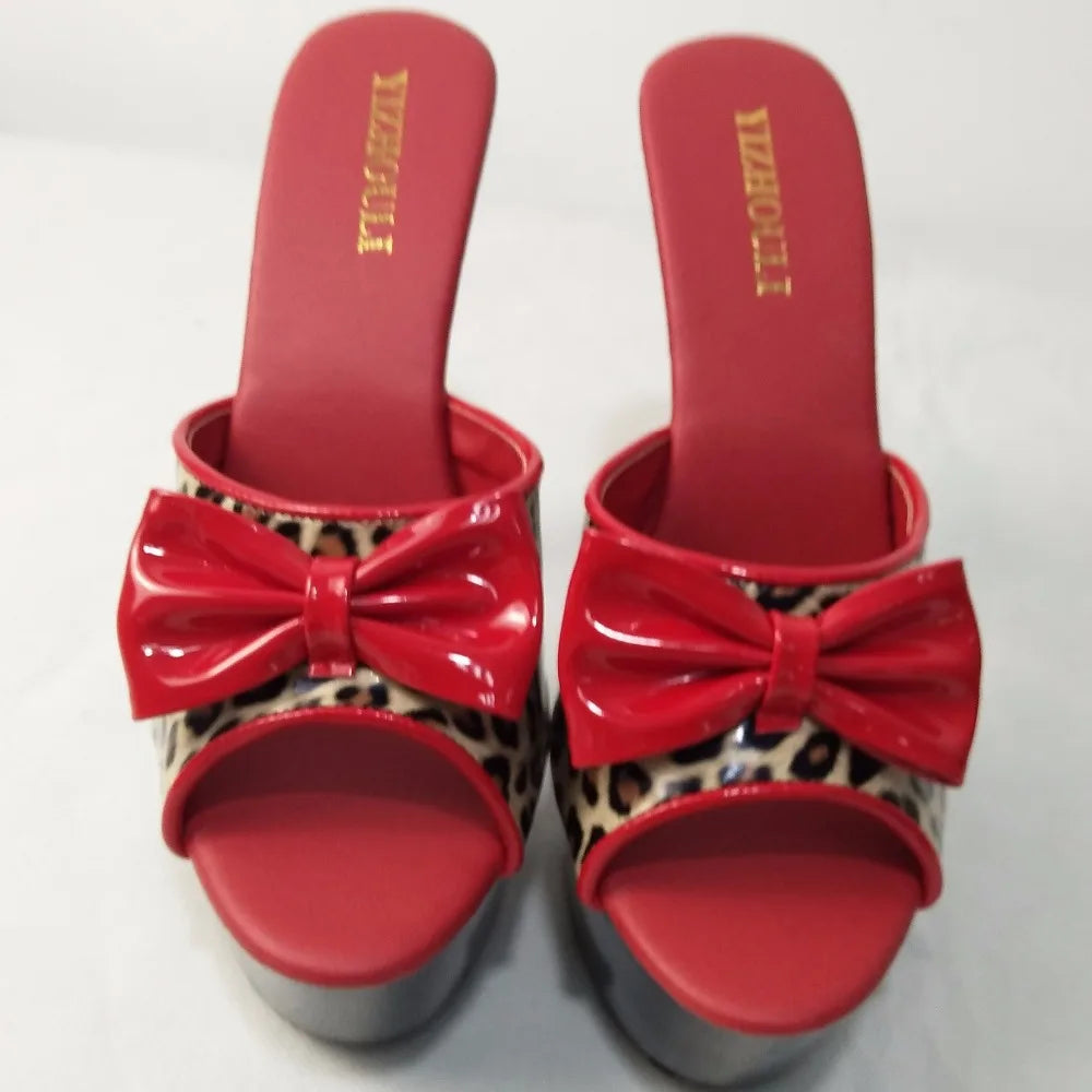 Sexy 15 cm high heels slippers, bow embellish sexy bride wedding high heels pole dancing sandals