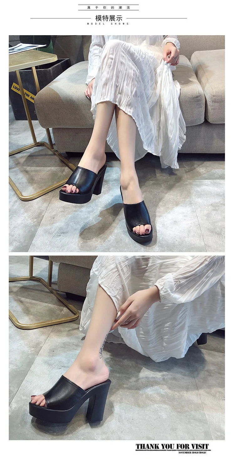 Outdoor White/black square high heels slides mules lady platform peep toe slippers thick bottom shoes brief women summer sandals