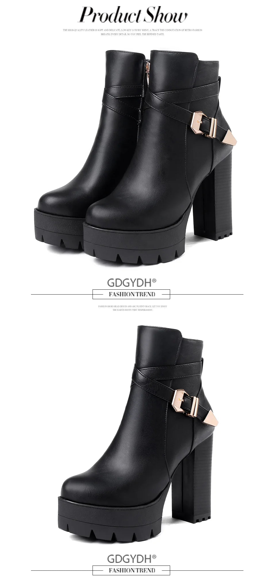 Gdgydh Sping Autumn Platform Ankle Boots Woman Black Leather Shoes Female High Heels Boots Ladies Shoes For Party Big Size 43