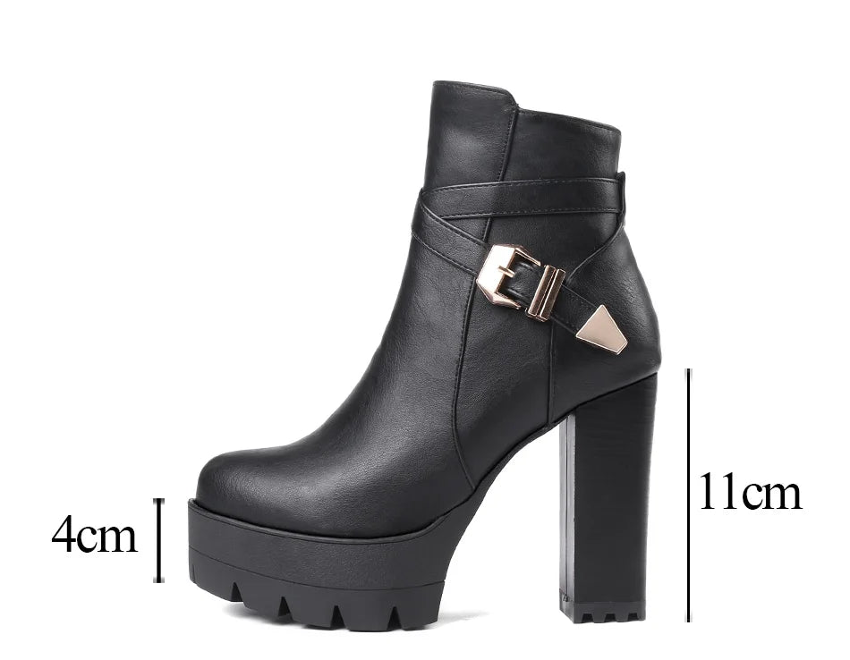 Gdgydh Sping Autumn Platform Ankle Boots Woman Black Leather Shoes Female High Heels Boots Ladies Shoes For Party Big Size 43