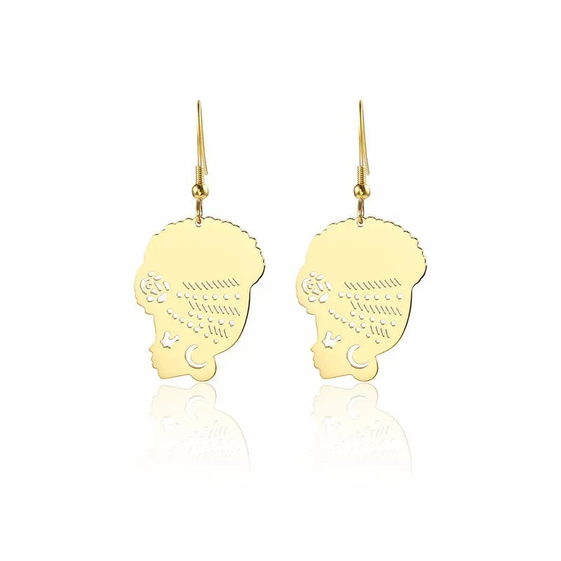 Stainless Steel African Woman Head Portrait Drop Earrings Democratic Culture Women's Jewellery