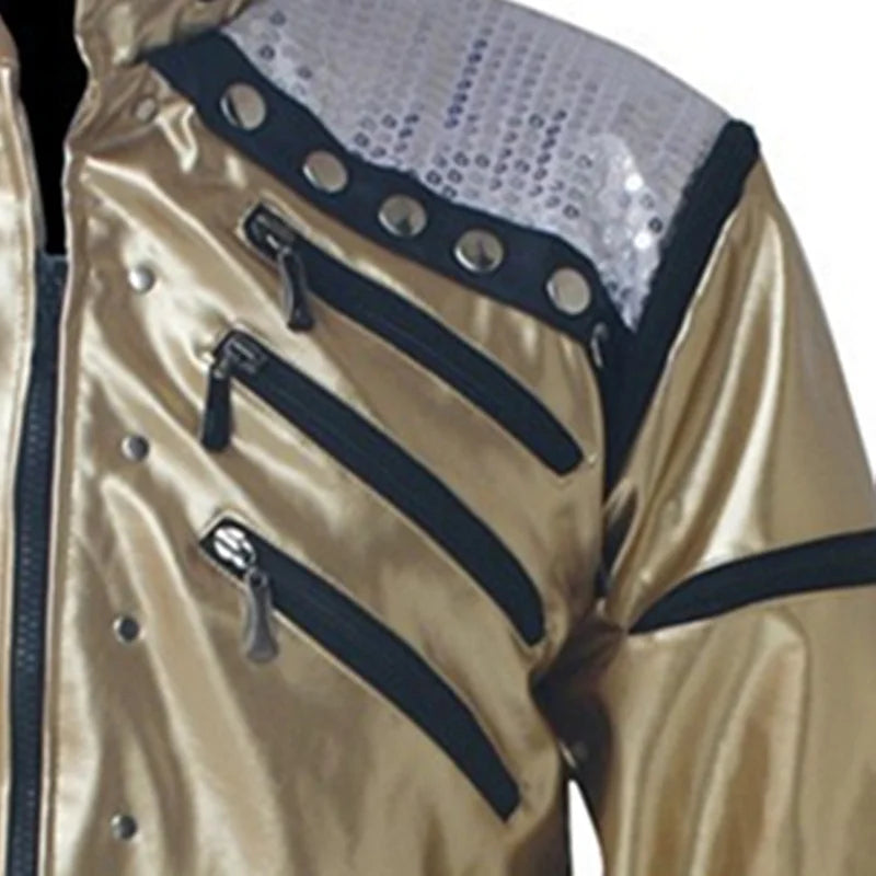 Rare PUNK Rock Motorcycle Classic MJ MICHAEL JACKSON Costumes Beat It Golden ZipperJacket