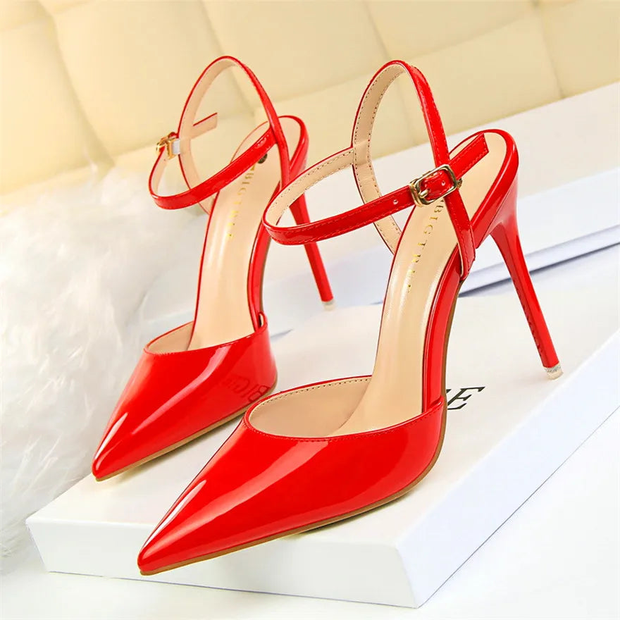 11 Colors Fashion Patent Leather Shallow Women Sandals 2025 Summer Pointy Toe Ankle Buckle High Heels Female Wedding Shoes Party