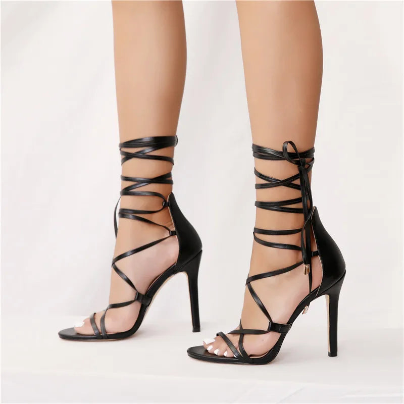 onlymaker Women Peep Toe Gladiator Ankle Strap Lace up 12CM High Heels Black Open Toe Stiletto Heeled Strappy Sandals
