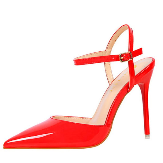 11 Colors Fashion Patent Leather Shallow Women Sandals 2025 Summer Pointy Toe Ankle Buckle High Heels Female Wedding Shoes Party
