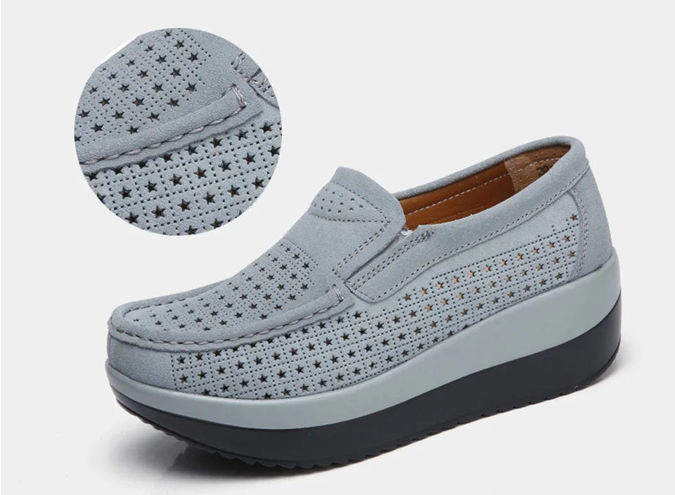 Women's Spring Autumn Genuine Leather Loafers - Fall Slip-On Round Toe Navy Platform Casual Flat Shoes