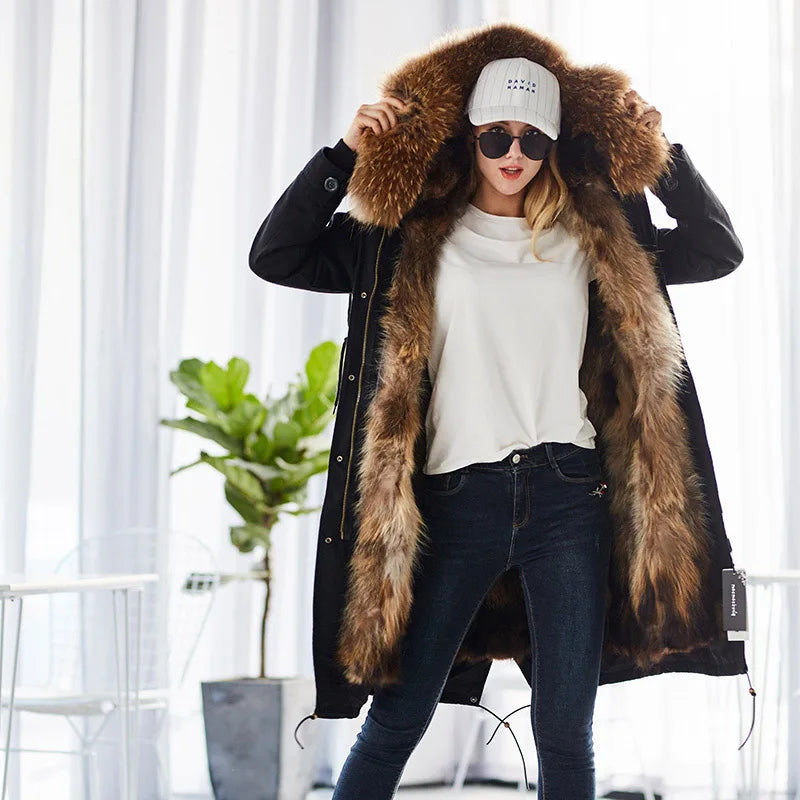 Maomaokong Winter Woman Natural Fur Overcoat Plus Size Black Parkas Raccoon Real Fur Lining Extra Larg Warm Jacket Coats Long