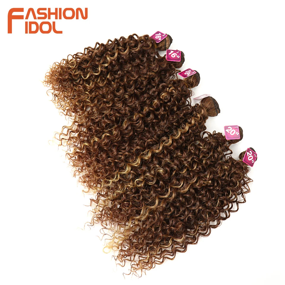 FASHION IDOL Afro Kinky Curly Hair Extensions 16-20 inch Synthetic Hair Bundles Lace With Closure Weave Ombre Blonde Fake Hair