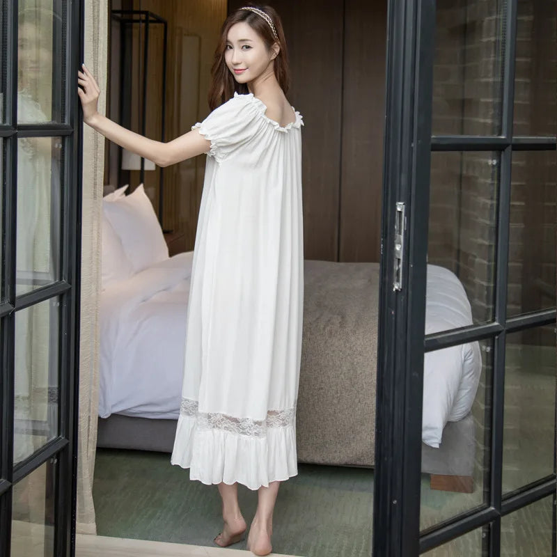 Night Dress Sexy Nightwear Women Nightgowns Cotton White Long White Nightgown Lace Casual Home Dress Sleepwear Pijama Nightdress