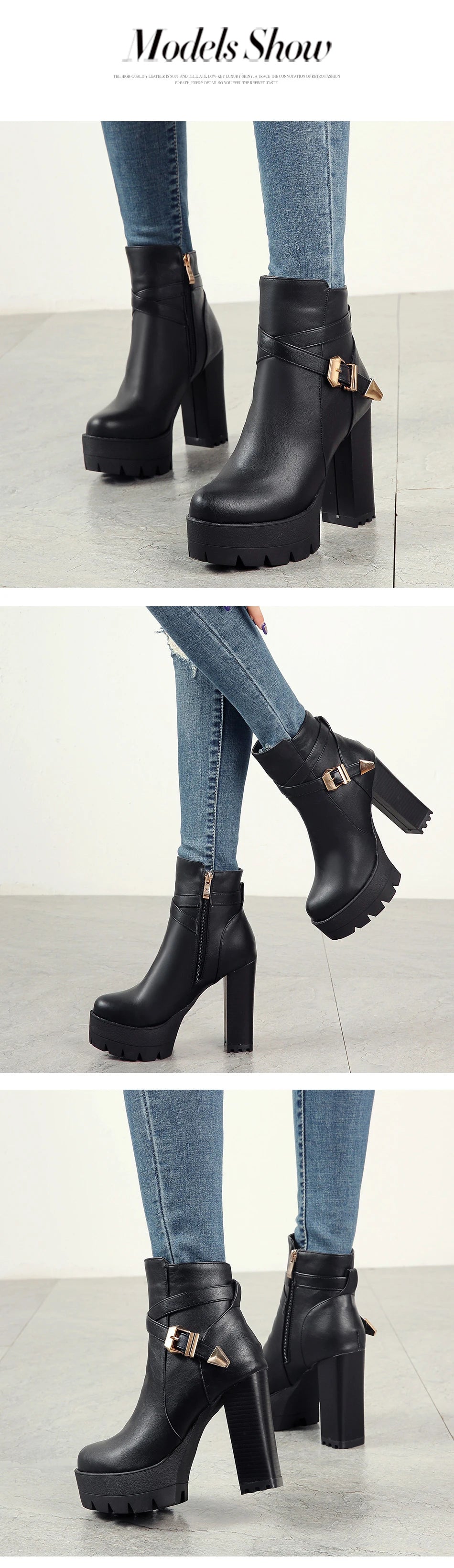 Gdgydh Sping Autumn Platform Ankle Boots Woman Black Leather Shoes Female High Heels Boots Ladies Shoes For Party Big Size 43