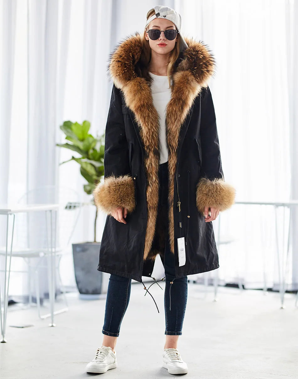 Maomaokong Winter Woman Natural Fur Overcoat Plus Size Black Parkas Raccoon Real Fur Lining Extra Larg Warm Jacket Coats Long