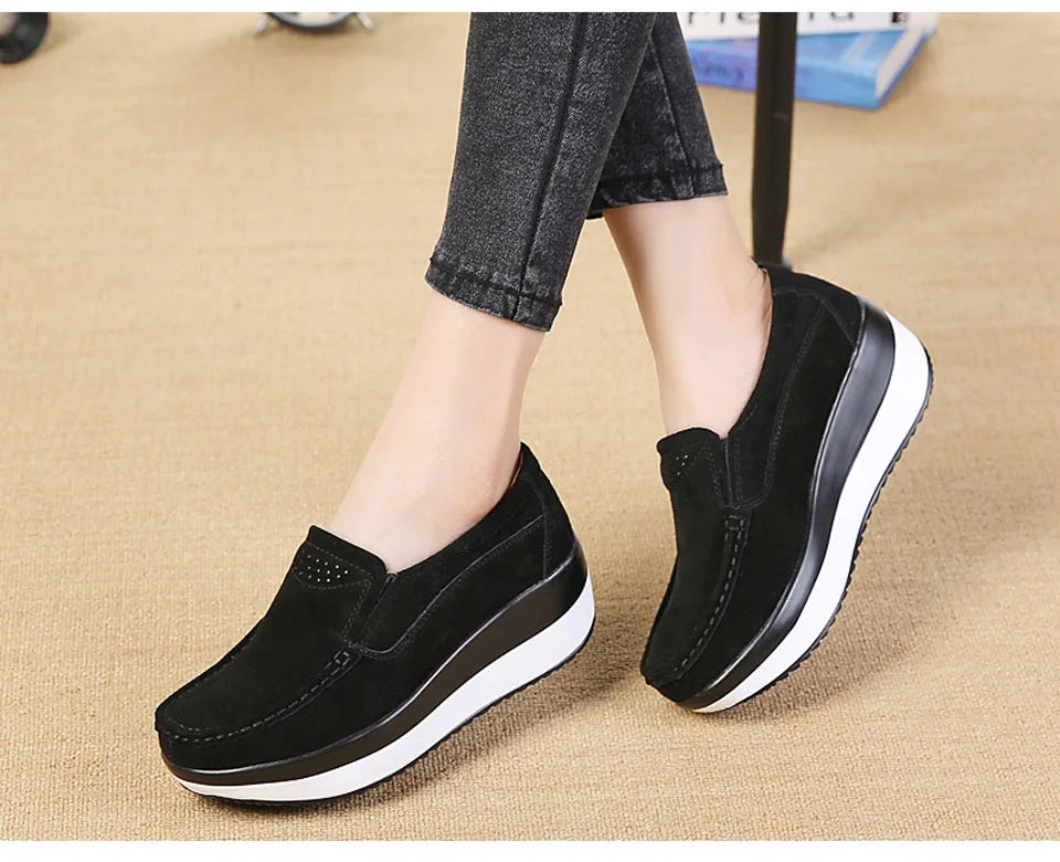 Women's Spring Autumn Genuine Leather Loafers - Fall Slip-On Round Toe Navy Platform Casual Flat Shoes