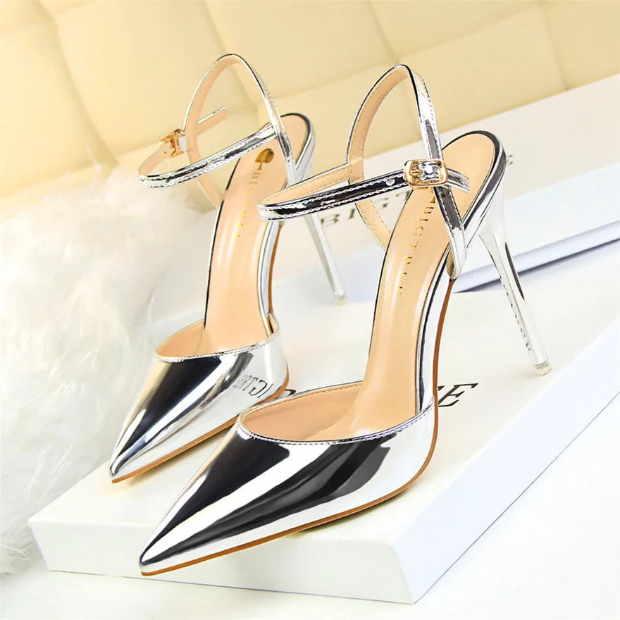 11 Colors Fashion Patent Leather Shallow Women Sandals 2025 Summer Pointy Toe Ankle Buckle High Heels Female Wedding Shoes Party