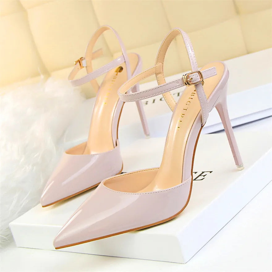 11 Colors Fashion Patent Leather Shallow Women Sandals 2025 Summer Pointy Toe Ankle Buckle High Heels Female Wedding Shoes Party