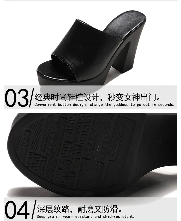 Outdoor White/black square high heels slides mules lady platform peep toe slippers thick bottom shoes brief women summer sandals