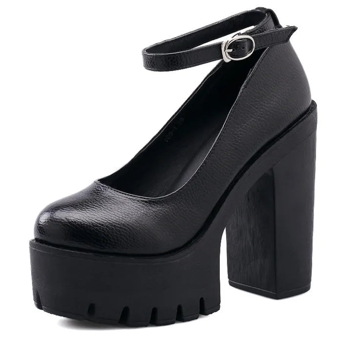 Gdgydh Women's Platform Chunky High Heels Ankle Buckle Strap Round Toe Non Slip Dress Pumps Mary Jane Lolita Pumps Punk Style