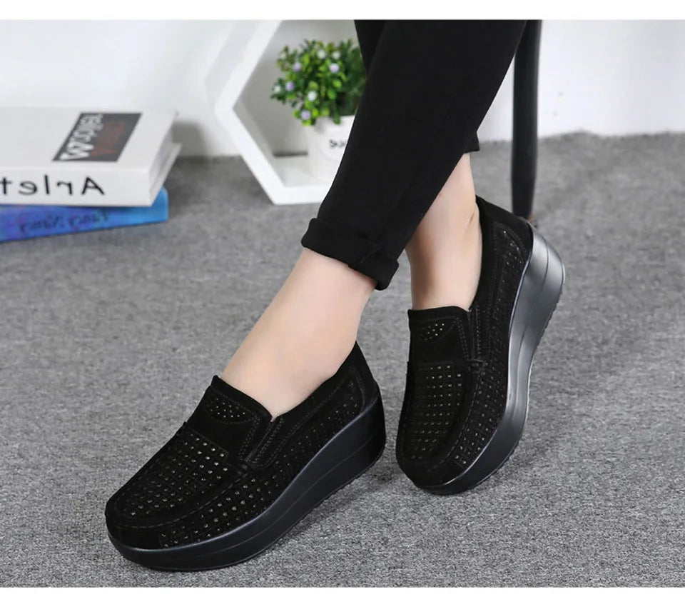 Women's Spring Autumn Genuine Leather Loafers - Fall Slip-On Round Toe Navy Platform Casual Flat Shoes