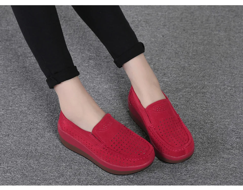Women's Spring Autumn Genuine Leather Loafers - Fall Slip-On Round Toe Navy Platform Casual Flat Shoes