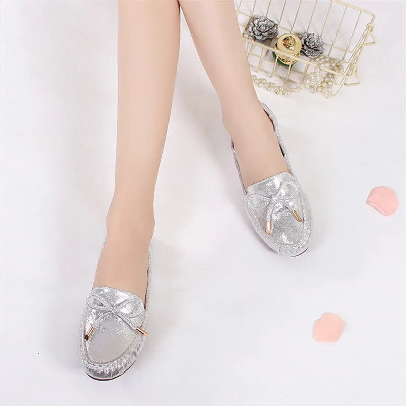 CEYANEAO Bow tie Loafers Silver Gold Ballet Flats 2019 Casual Slip On Shoes Woman Shallow Soft Summer Women Flat ShoesE1681